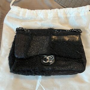 Chanel Vintage Black Patchwork Tweed Leather Classic Flap Shoulder Bag